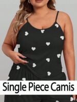 Plus Size Women's Sleepwear Top, Cute Heart Valentine's Day Couple Print Round Neck Camisole Spaghetti Strap Cold-Shoulder Backless, Spring/Summer 1pc