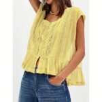 Women Summer Boho Tie Front Lace Trim Tank Tops Y2k Flowy Frilly Chiffon Vest Beach Button Ruffle Eyelet Tank Tops