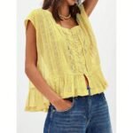 Women Summer Boho Tie Front Lace Trim Tank Tops Y2k Flowy Frilly Chiffon Vest Beach Button Ruffle Eyelet Tank Tops - Image 3