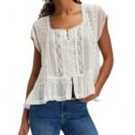 Women Summer Boho Tie Front Lace Trim Tank Tops Y2k Flowy Frilly Chiffon Vest Beach Button Ruffle Eyelet Tank Tops - Image 5
