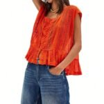 Women Summer Boho Tie Front Lace Trim Tank Tops Y2k Flowy Frilly Chiffon Vest Beach Button Ruffle Eyelet Tank Tops - Image 7