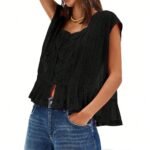 Women Summer Boho Tie Front Lace Trim Tank Tops Y2k Flowy Frilly Chiffon Vest Beach Button Ruffle Eyelet Tank Tops - Image 8