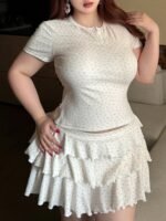 Dazy Plus 2pcs/Set Ditsy Floral Fitted Short Sleeve Top And Mini Skirt Sleepwear Set, Elegant Plus Size Women Spring/Summer Pajamas - Image 2