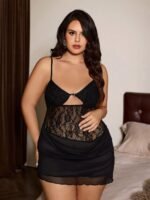 Slumberist Sexy Lace & Mesh Patchwork Hollow See-Through Diamond Heart Decor Plus Size Nightgown - Image 5