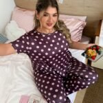 Slumberry CURVE Plus Size Women's Polka Dot Color Block Print Knit Round Neck Short Sleeve Long Pants Pajama Set