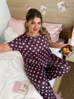 Slumberry CURVE Plus Size Women's Polka Dot Color Block Print Knit Round Neck Short Sleeve Long Pants Pajama Set