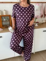 Slumberry CURVE Plus Size Women's Polka Dot Color Block Print Knit Round Neck Short Sleeve Long Pants Pajama Set - Image 3