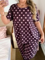 Slumberry CURVE Plus Size Women's Polka Dot Color Block Print Knit Round Neck Short Sleeve Long Pants Pajama Set - Image 5