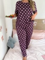 Slumberry CURVE Plus Size Women's Polka Dot Color Block Print Knit Round Neck Short Sleeve Long Pants Pajama Set - Image 6