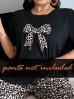 SHEIN Fashionable Leopard Print Bow Decor Round Neck Short Sleeve Casual Loose Fit Sleepwear Top, Plus Size