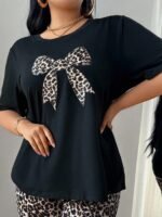 SHEIN Fashionable Leopard Print Bow Decor Round Neck Short Sleeve Casual Loose Fit Sleepwear Top, Plus Size - Image 3