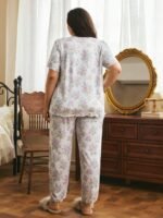 Côtesoire French Romantic Elegant Floral Print Lace Patchwork Plus Size Women's Pajama Set - Image 2