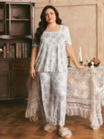Côtesoire French Romantic Elegant Floral Print Lace Patchwork Plus Size Women's Pajama Set - Image 3