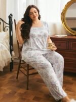 Côtesoire French Romantic Elegant Floral Print Lace Patchwork Plus Size Women's Pajama Set - Image 4