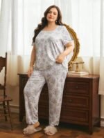 Côtesoire French Romantic Elegant Floral Print Lace Patchwork Plus Size Women's Pajama Set - Image 5