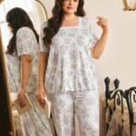Côtesoire French Romantic Elegant Floral Print Lace Patchwork Plus Size Women's Pajama Set
