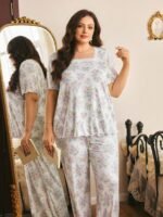 Côtesoire French Romantic Elegant Floral Print Lace Patchwork Plus Size Women's Pajama Set