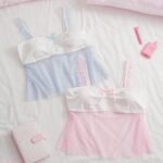 Slumberry CURVE Sweet Ins Polka Dot Mesh Ruffle Bow Decor Patchwork Knit Fabric Plus Size Women's Pajama Top 2pcs