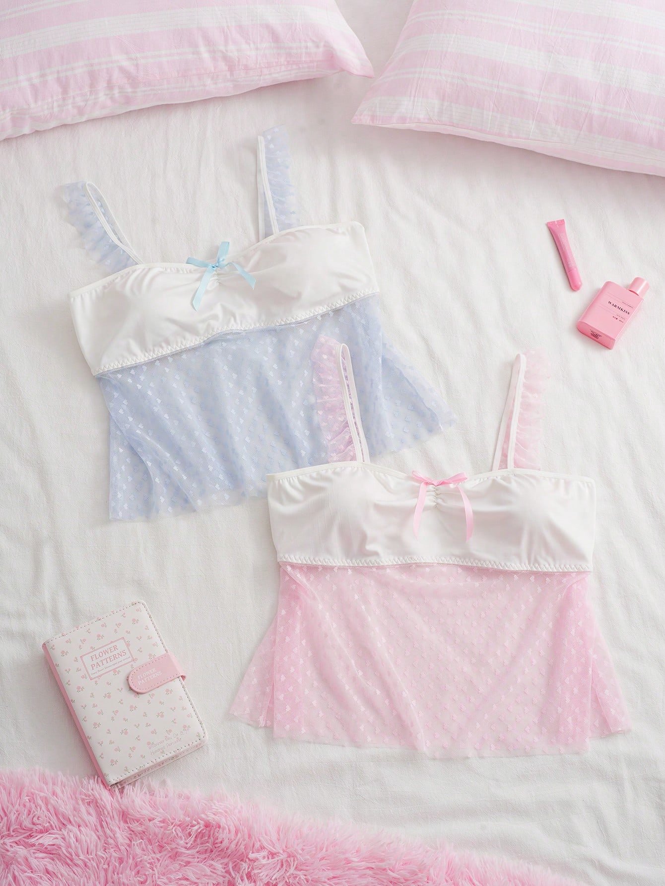 1781446609ac02fdb8161f251b736551ac86a0b439.jpg Slumberry CURVE Sweet Ins Polka Dot Mesh Ruffle Bow Decor Patchwork Knit Fabric Plus Size Women's Pajama Top 2pcs - Image 1