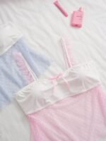 Slumberry CURVE Sweet Ins Polka Dot Mesh Ruffle Bow Decor Patchwork Knit Fabric Plus Size Women's Pajama Top 2pcs - Image 3