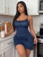 ZzzCrew Polka Dot Print Minimalist Casual Plus Size Women's Drawstring Bow Strap Nightgown - Image 2