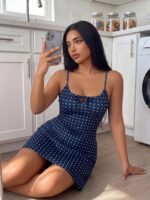 ZzzCrew Polka Dot Print Minimalist Casual Plus Size Women's Drawstring Bow Strap Nightgown - Image 7