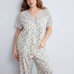 Elorette Contrast Color Lace Patchwork Floral Short Sleeve Long Pants Summer Loose Cool Thin Plus Size Pajama Set Night Light Blue