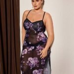 Slumberist Vintage Sexy Mesh Purple Floral Print Camisole Nightgown Elegant Fitted Dress Women Plus Size