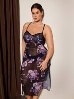 Slumberist Vintage Sexy Mesh Purple Floral Print Camisole Nightgown Elegant Fitted Dress Women Plus Size