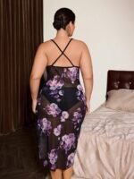 Slumberist Vintage Sexy Mesh Purple Floral Print Camisole Nightgown Elegant Fitted Dress Women Plus Size - Image 2