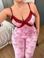 Slumberry CURVE Sweet Ins Colorblock Bow Print Patchwork Criss-Cross Lace Bow Camisole & Flare Pants Comfortable Slimming Plus Size Pajama Set
