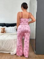 Slumberry CURVE Sweet Ins Colorblock Bow Print Patchwork Criss-Cross Lace Bow Camisole & Flare Pants Comfortable Slimming Plus Size Pajama Set - Image 2