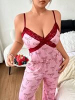 Slumberry CURVE Sweet Ins Colorblock Bow Print Patchwork Criss-Cross Lace Bow Camisole & Flare Pants Comfortable Slimming Plus Size Pajama Set - Image 3