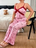 Slumberry CURVE Sweet Ins Colorblock Bow Print Patchwork Criss-Cross Lace Bow Camisole & Flare Pants Comfortable Slimming Plus Size Pajama Set - Image 4