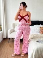 Slumberry CURVE Sweet Ins Colorblock Bow Print Patchwork Criss-Cross Lace Bow Camisole & Flare Pants Comfortable Slimming Plus Size Pajama Set - Image 5