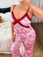 Slumberry CURVE Sweet Ins Colorblock Bow Print Patchwork Criss-Cross Lace Bow Camisole & Flare Pants Comfortable Slimming Plus Size Pajama Set - Image 6