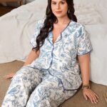 Serenescape Plus Size Women's Floral Print Short Sleeve Top And Long Pants Casual Daily Home Sleepwear Set