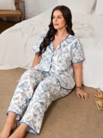 Serenescape Plus Size Women's Floral Print Short Sleeve Top And Long Pants Casual Daily Home Sleepwear Set - Image 7