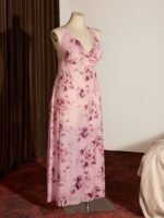 Slumberist Romantic Floral Print Spaghetti Strap Draped Neckline Plus Size Women Long Nightgown - Image 3