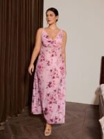 Slumberist Romantic Floral Print Spaghetti Strap Draped Neckline Plus Size Women Long Nightgown - Image 4