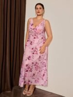 Slumberist Romantic Floral Print Spaghetti Strap Draped Neckline Plus Size Women Long Nightgown - Image 5