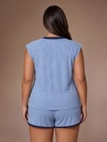 Lazeform Solid Color Contrast V-Neck Cap Sleeve Shorts Plus Size Pajama Set - Image 2