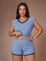 Lazeform Solid Color Contrast V-Neck Cap Sleeve Shorts Plus Size Pajama Set - Image 4