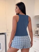 ZzzCrew Solid Color Slim Fit Camisole & Plaid Print Long Pants Plus Size Women's Pajama Set - Image 2