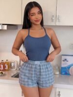 ZzzCrew Solid Color Slim Fit Camisole & Plaid Print Long Pants Plus Size Women's Pajama Set - Image 5