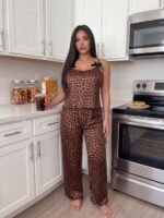 ZzzCrew Women's Plus Size Fashion Sexy Leopard Print Pattern Black Bowknot Decor Camisole & Long Pants Loungewear Set - Image 5