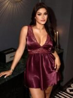 SilkySpell Women's Plus Size Faux Silk Lace Patchwork Nightgown, Comfortable Cool Sexy Elegant Loungewear Dress Night Burgundy Summer
