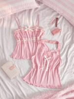 Slumberry CURVE Sweet Romantic Contrast Color Lace Bow Patchwork Ruched Comfortable Jacquard Knit 2pcs Plus Size Pajama Top - Image 6