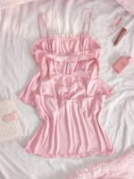 Slumberry CURVE Sweet Romantic Contrast Color Lace Bow Patchwork Ruched Comfortable Jacquard Knit 2pcs Plus Size Pajama Top - Image 2
