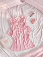 Slumberry CURVE Sweet Romantic Contrast Color Lace Bow Patchwork Ruched Comfortable Jacquard Knit 2pcs Plus Size Pajama Top